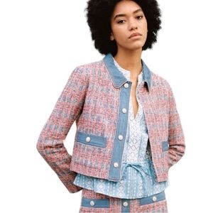 House of Harlow 1960 Tweed and Denim Cropped Long Sleeve Jacket